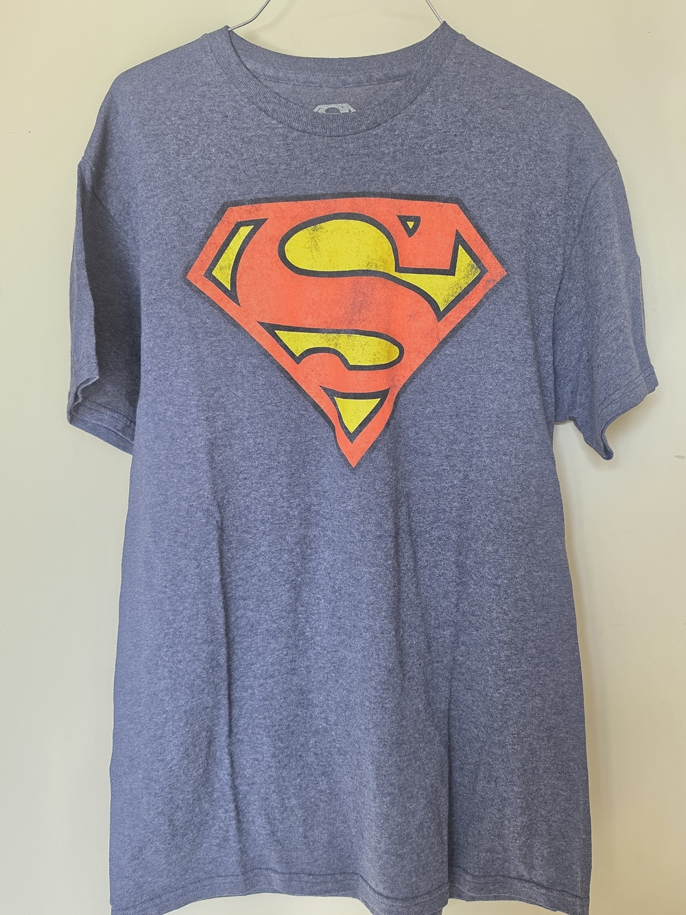 DC Comics Men's Heather Blue Tee with Red & Yellow Superman Shield